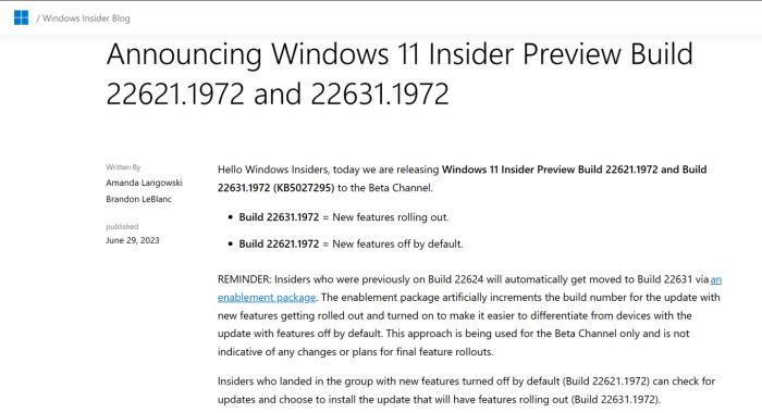 微软发布 Windows 11 Beta 22621.1972 和 22631.1972 更新：修复 RAM、BitLocker 相关问题 ...