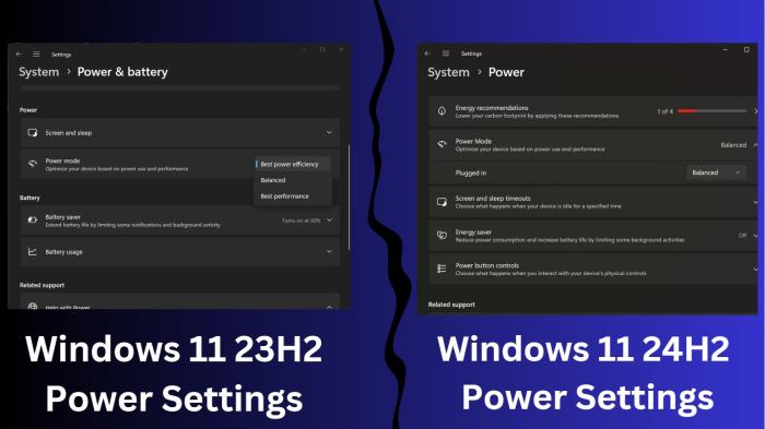 Power mode settings page comparison between windows 11 23h2 and 24h2