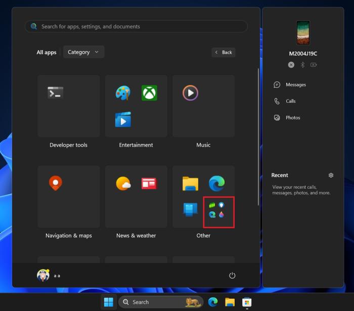 sub category boxes in start menu windows 11 beta