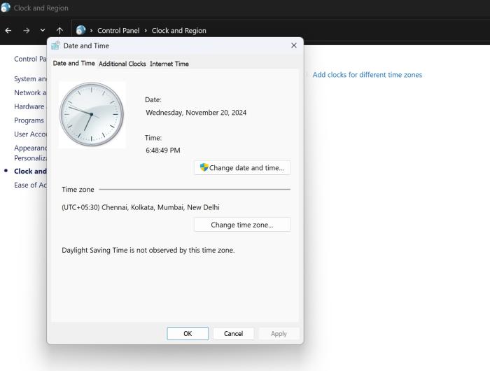 Change time zone in Windows 11 24H2