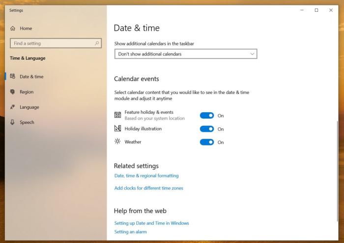calendar events option in windows 10 22h2