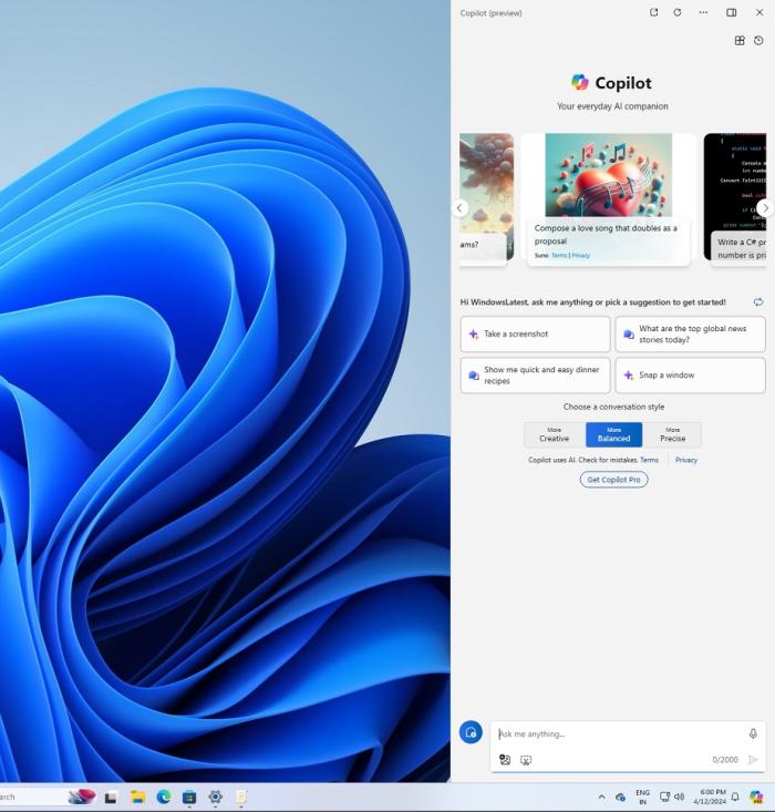 Copilot sidebar of Windows 11