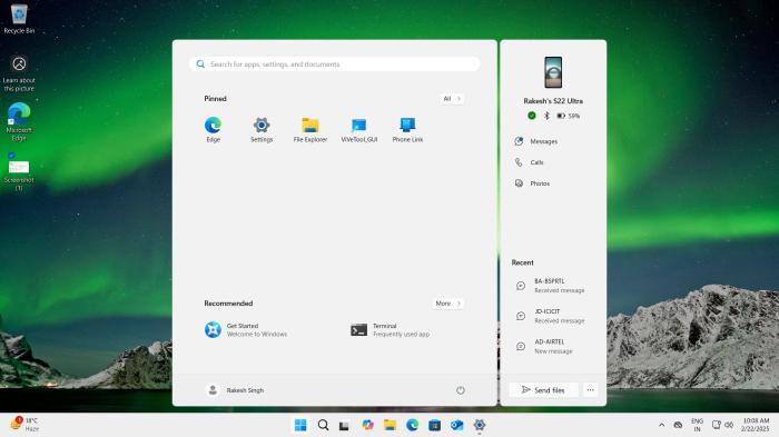 Windows 11 Start menu with Send files button