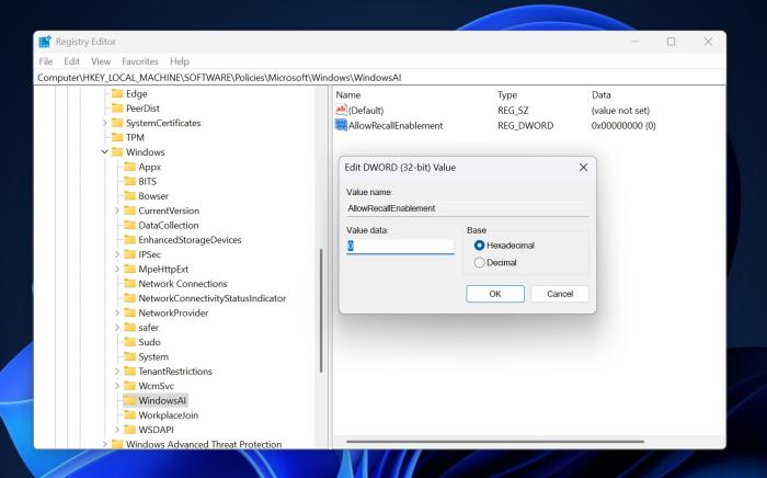 Remove Recall from Windows 11 with AllowRecallEnablement Registry