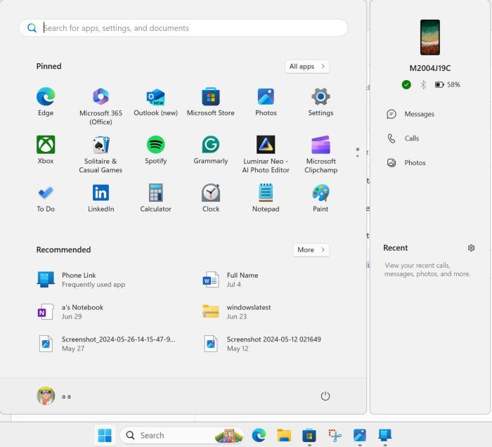 Windows 11 KB5055627 with Start menu Phone Panel