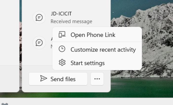 phone link panel three dots option menu