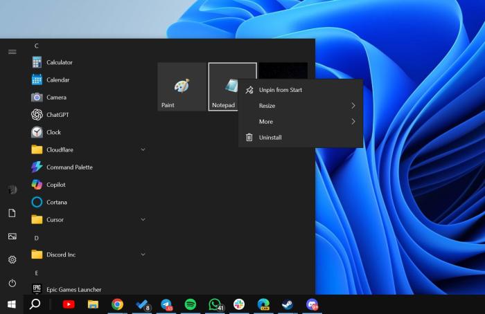 Start menu live tile right click recent removed