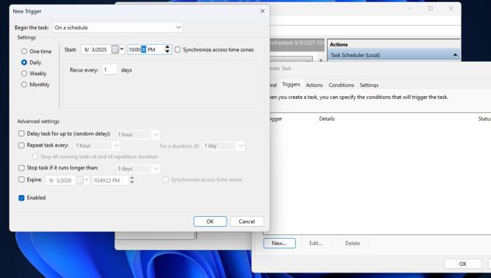 Schedule a task to change theme in Windows 11