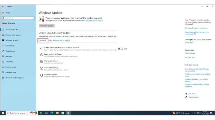 Windows 10的Windows更新页面提示注册扩展安全更新